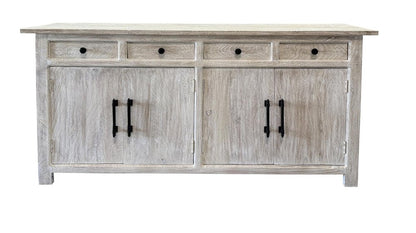 79" White Distressed Solid Wood Paneled Four Drawer Sideboard with Four Doors HomeRoots
