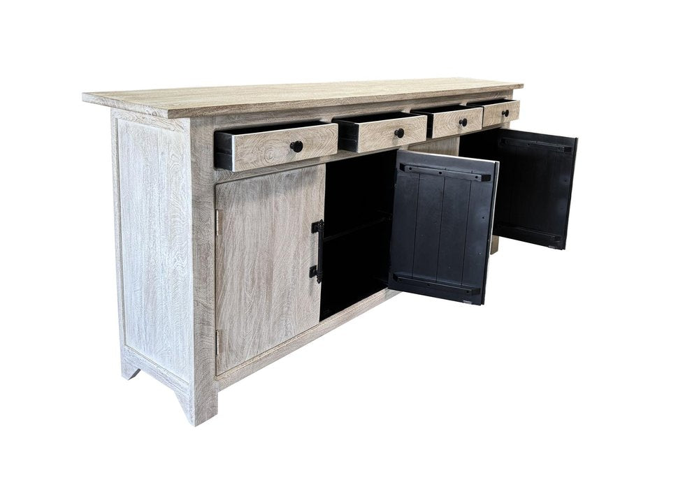 79" White Distressed Solid Wood Paneled Four Drawer Sideboard with Four Doors HomeRoots