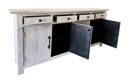 79" White Distressed Solid Wood Paneled Four Drawer Sideboard with Four Doors HomeRoots