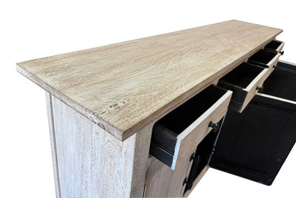79" White Distressed Solid Wood Paneled Four Drawer Sideboard with Four Doors HomeRoots