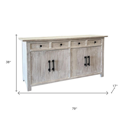 79" White Distressed Solid Wood Paneled Four Drawer Sideboard with Four Doors HomeRoots