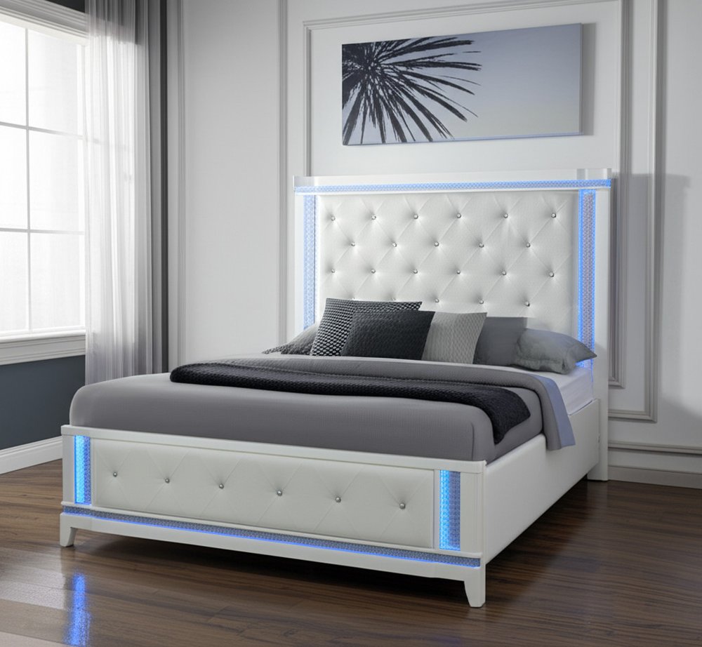 White Faux Crystal Bling Wood And Tufted Cotton Lighted Queen Bed Frame HomeRoots