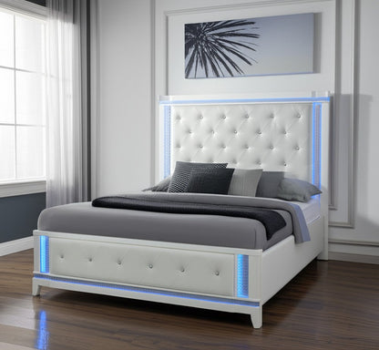White Faux Crystal Bling Wood And Tufted Cotton Lighted Queen Bed Frame HomeRoots