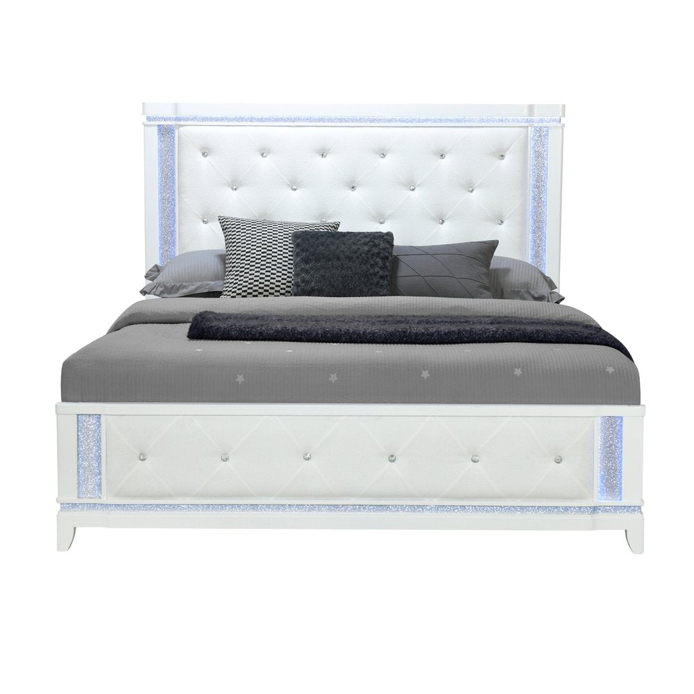 White Faux Crystal Bling Wood And Tufted Cotton Lighted Queen Bed Frame — view 1