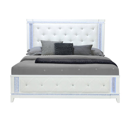 White Faux Crystal Bling Wood And Tufted Cotton Lighted Queen Bed Frame HomeRoots