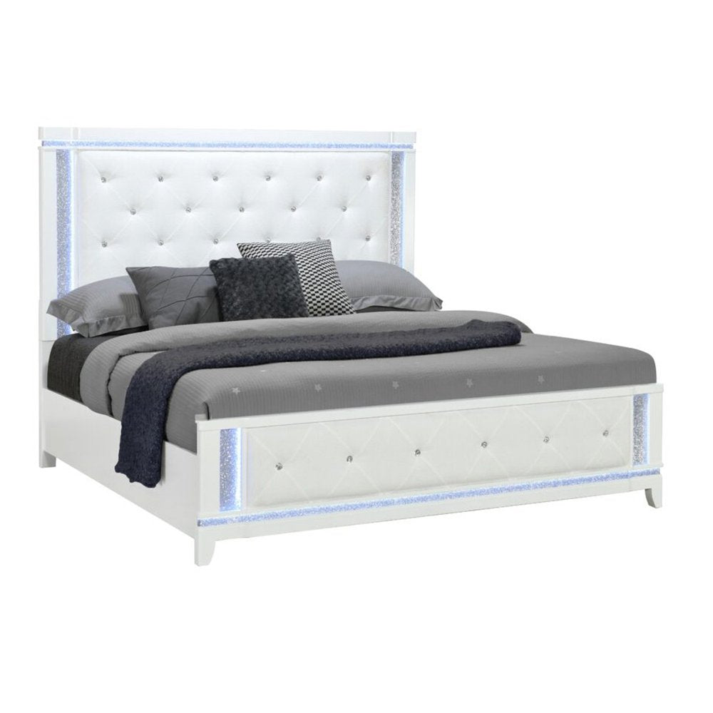 White Faux Crystal Bling Wood And Tufted Cotton Lighted Queen Bed Frame HomeRoots