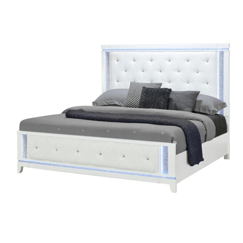 White Faux Crystal Bling Wood And Tufted Cotton Lighted Queen Bed Frame HomeRoots