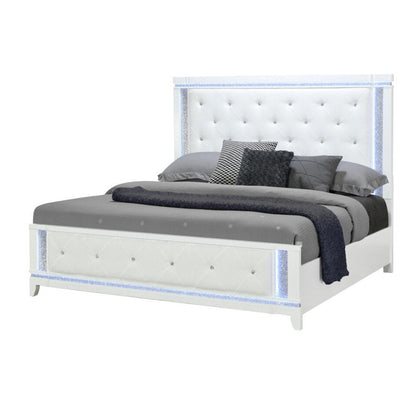 White Faux Crystal Bling Wood And Tufted Cotton Lighted Queen Bed Frame HomeRoots
