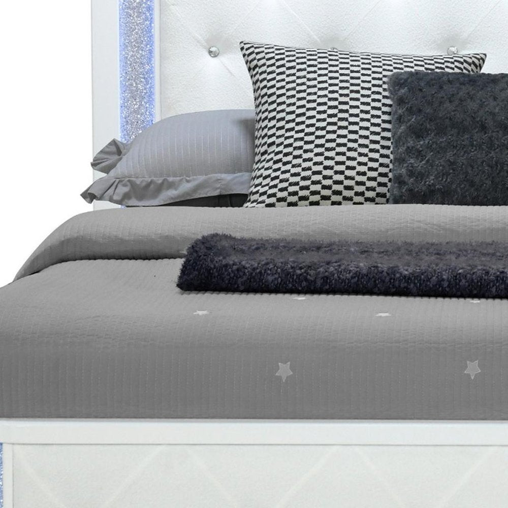 White Faux Crystal Bling Wood And Tufted Cotton Lighted Queen Bed Frame HomeRoots