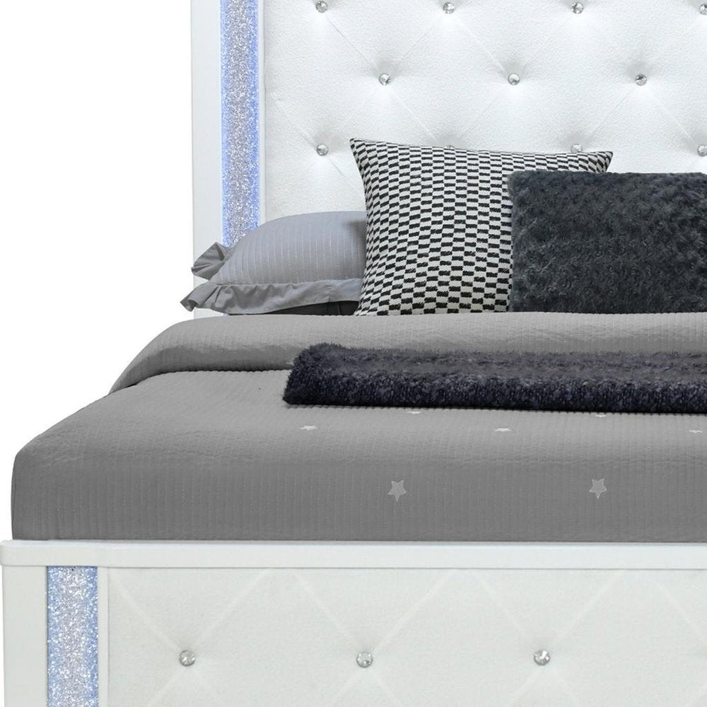 White Faux Crystal Bling Wood And Tufted Cotton Lighted Queen Bed Frame HomeRoots