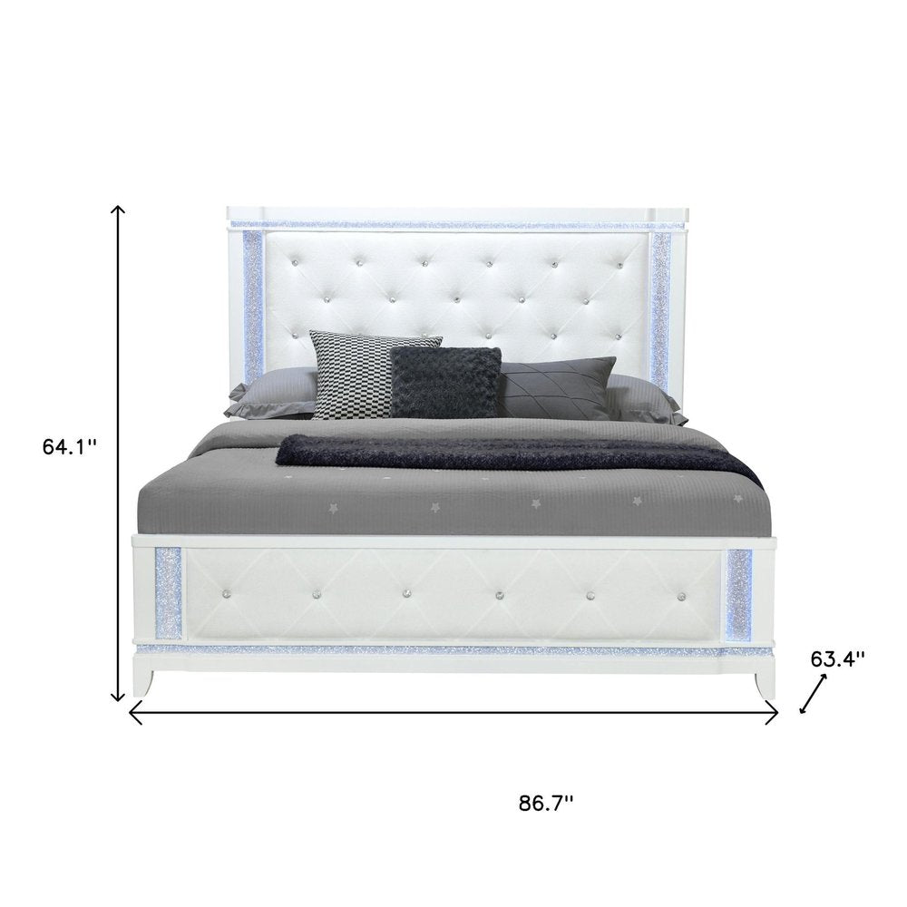 White Faux Crystal Bling Wood And Tufted Cotton Lighted Queen Bed Frame — view 8