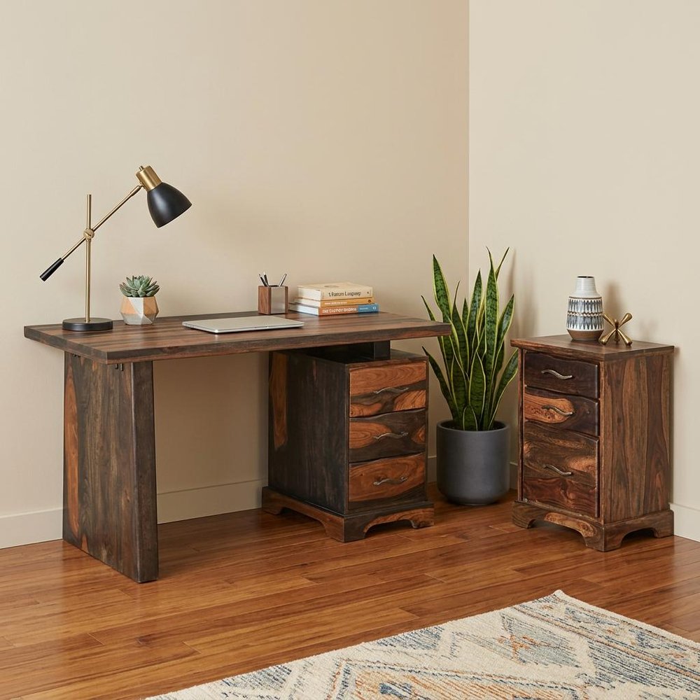 54" Dark Brown Solid Wood Pedestal Writing Desk 2With And Six Drawers HomeRoots