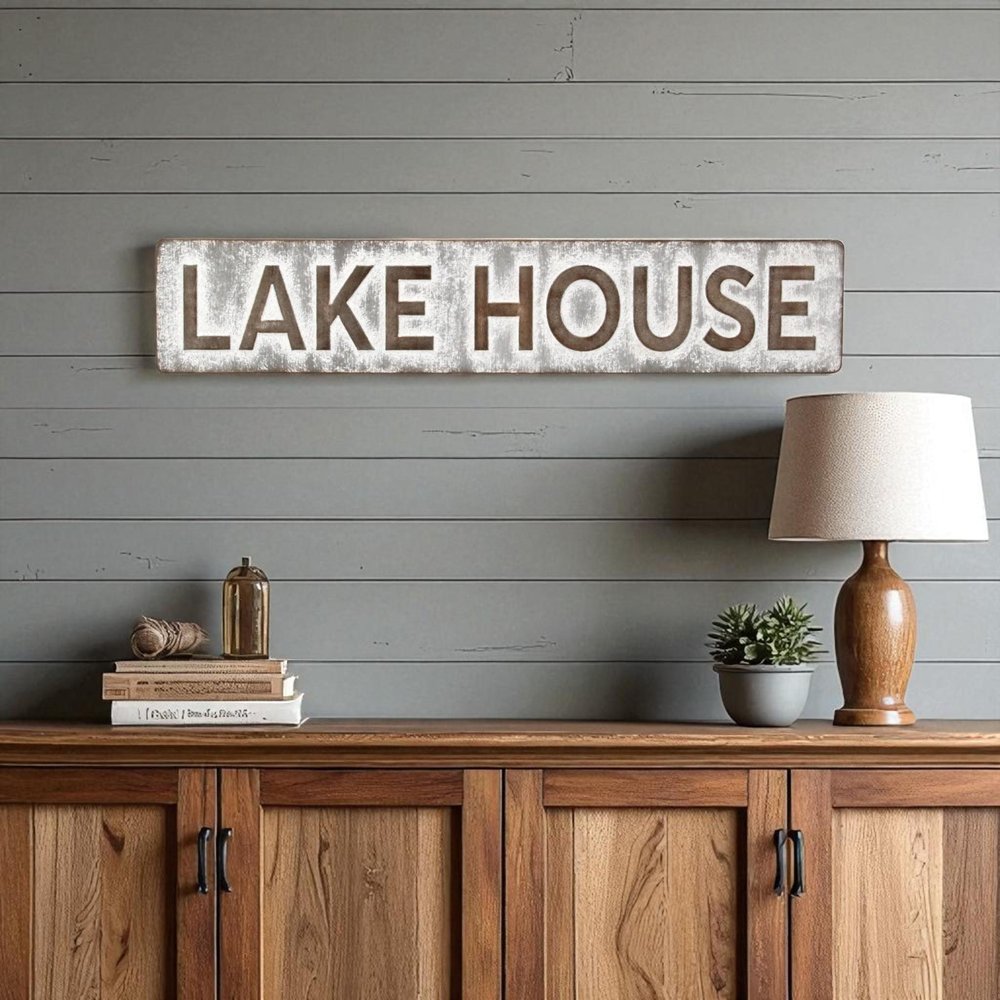 7" X 36" Gray Lake House Galvanized Metal Wall Decor