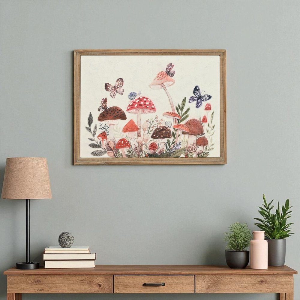 20" X 26" Natural And White Butterflies and Mushrooms Metal Framed Art — view 9