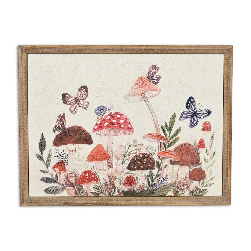 20" X 26" Natural And White Butterflies and Mushrooms Metal Framed Art — view 1
