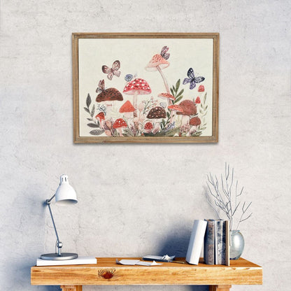 20" X 26" Natural And White Butterflies and Mushrooms Metal Framed Art