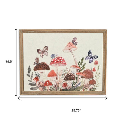 20" X 26" Natural And White Butterflies and Mushrooms Metal Framed Art