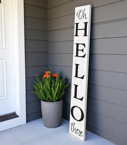 72" White And Black Solid Wood Hello Porch Sign HomeRoots