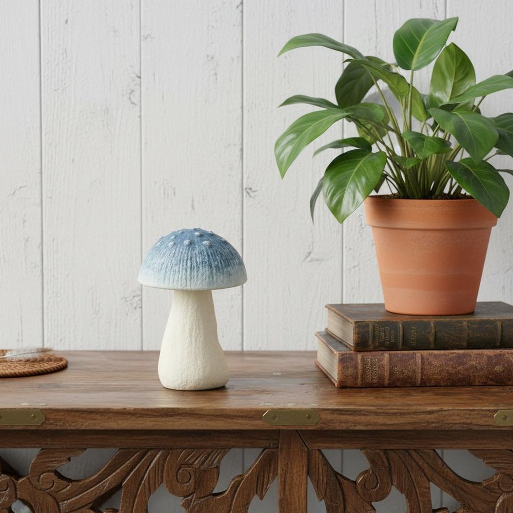 6" Blue And Off White Cast Iron Mushroom Tabletop Sculpture HomeRoots