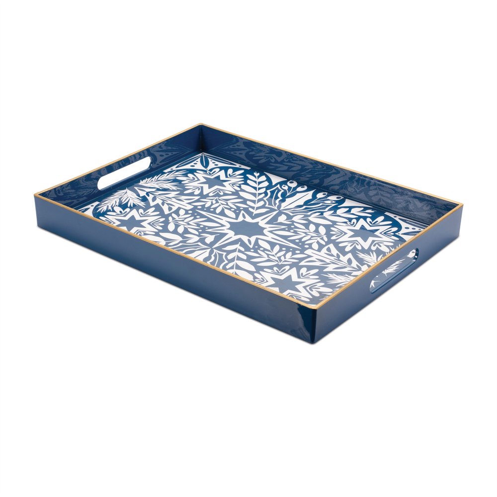 16" Blue And White Geometric Star And Trees Serving Tray With Handles HomeRoots