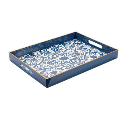 16" Blue And White Geometric Star And Trees Serving Tray With Handles HomeRoots