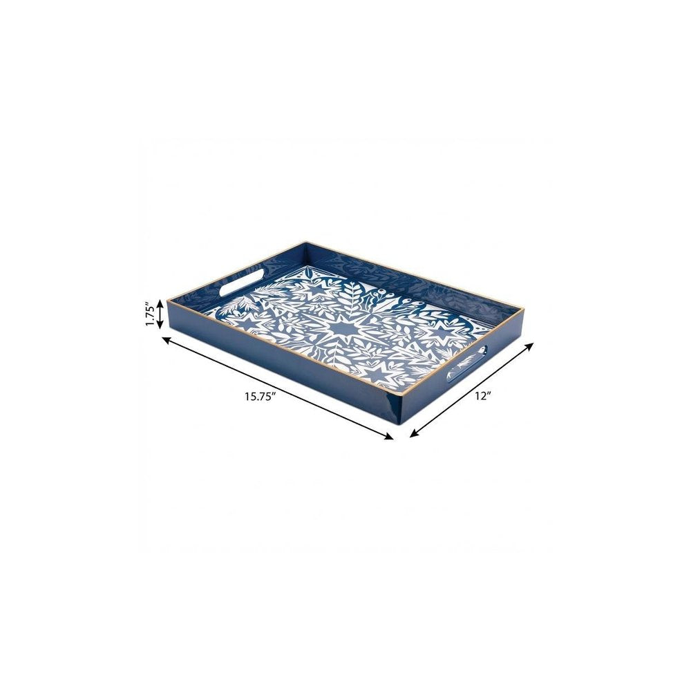 16" Blue And White Geometric Star And Trees Serving Tray With Handles HomeRoots