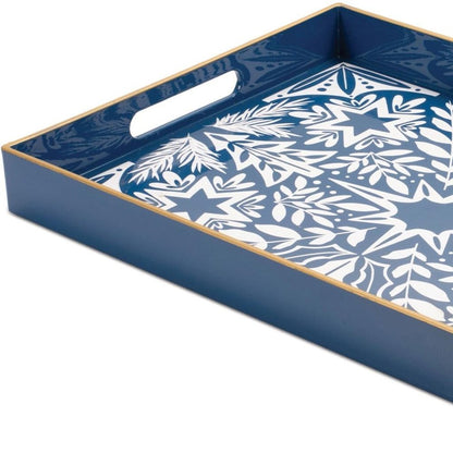 16" Blue And White Geometric Star And Trees Serving Tray With Handles HomeRoots