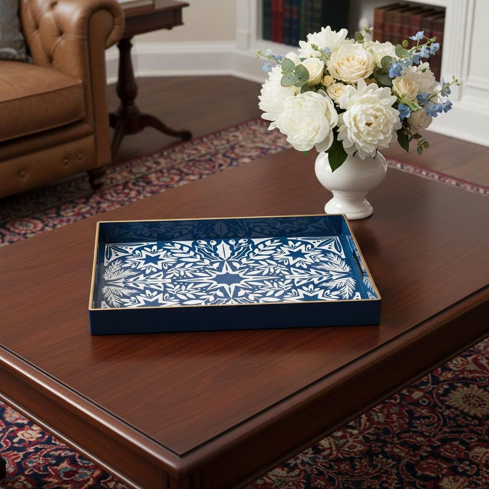 16" Blue And White Geometric Star And Trees Serving Tray With Handles HomeRoots