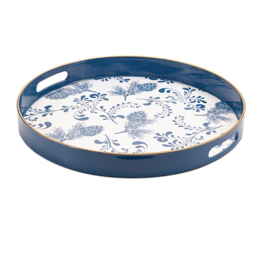 14" Blue White And Gold Pinecone Round Serving Tray HomeRoots