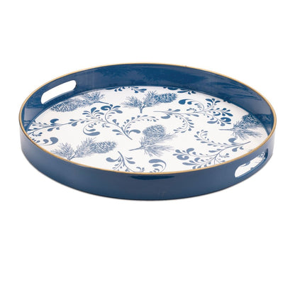 14" Blue White And Gold Pinecone Round Serving Tray HomeRoots