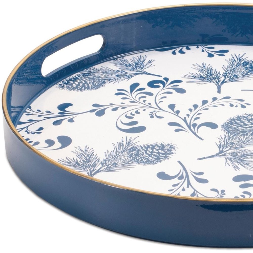 14" Blue White And Gold Pinecone Round Serving Tray HomeRoots