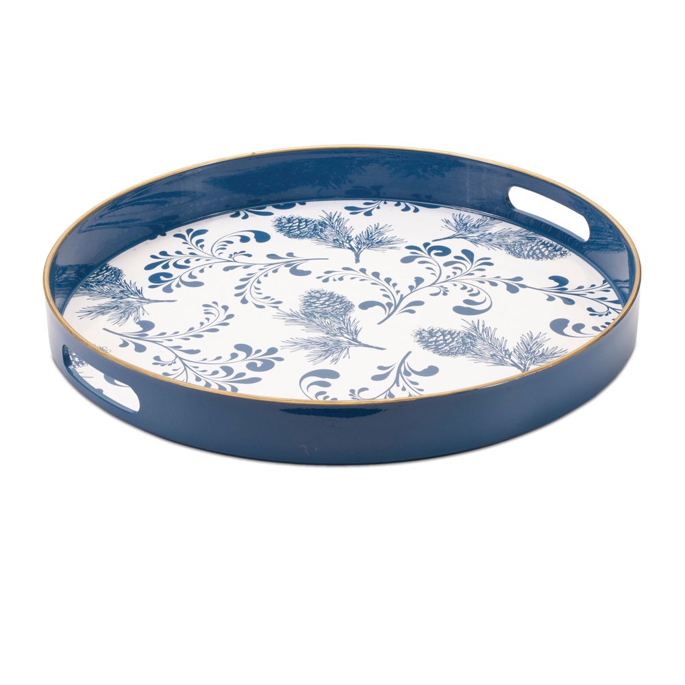 14" Blue White And Gold Pinecone Round Serving Tray HomeRoots