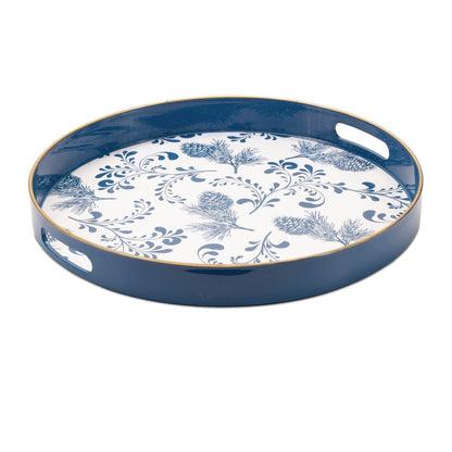 14" Blue White And Gold Pinecone Round Serving Tray HomeRoots
