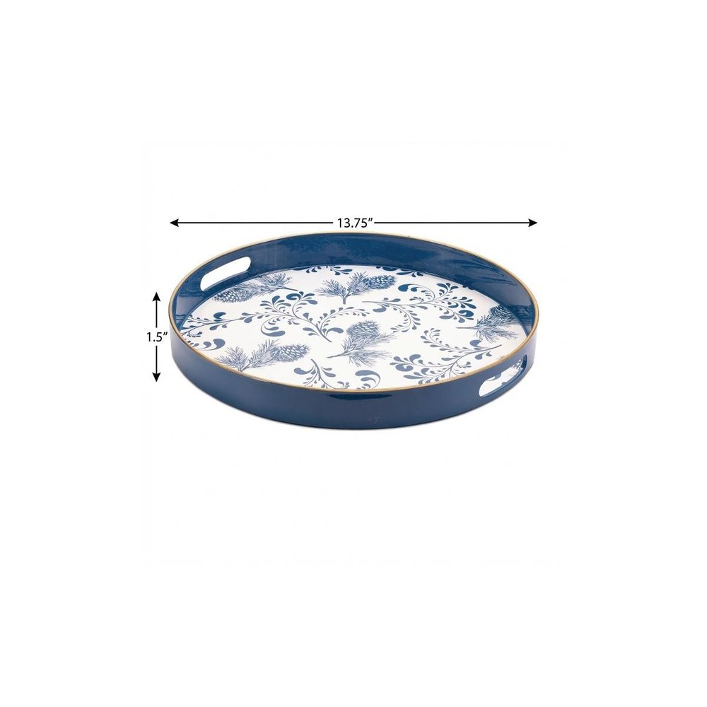 14" Blue White And Gold Pinecone Round Serving Tray HomeRoots