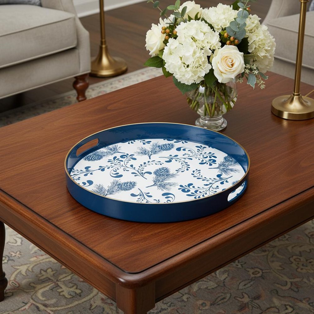 14" Blue White And Gold Pinecone Round Serving Tray HomeRoots