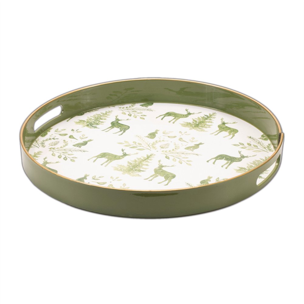 14" Green White And Gold Woodland Scene Round Serving Tray With Handles HomeRoots