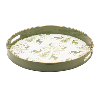 14" Green White And Gold Woodland Scene Round Serving Tray With Handles HomeRoots
