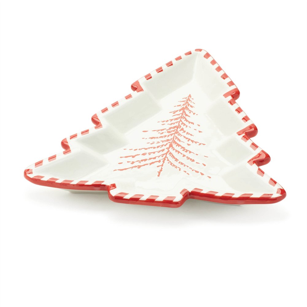 Set of Two Red And White Ceramic Tree Shaped Christmas Serving Trays HomeRoots