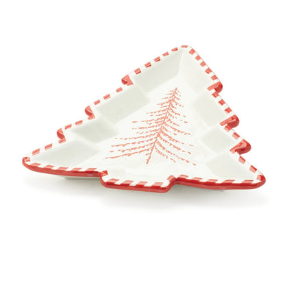 Set of Two Red And White Ceramic Tree Shaped Christmas Serving Trays HomeRoots