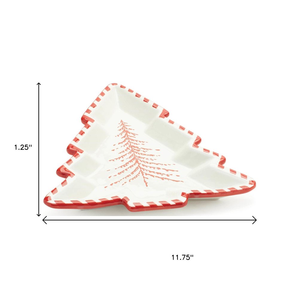 Set of Two Red And White Ceramic Tree Shaped Christmas Serving Trays HomeRoots
