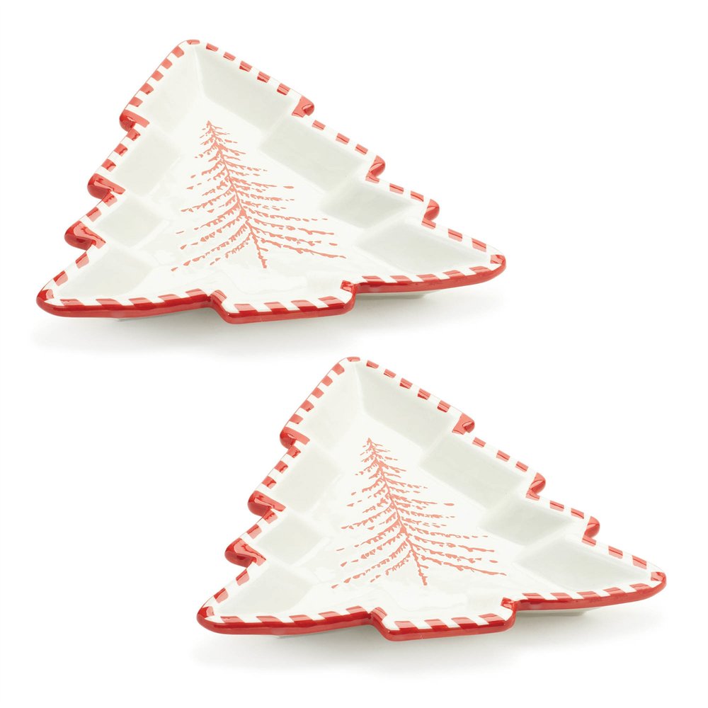 Set of Two Red And White Ceramic Tree Shaped Christmas Serving Trays HomeRoots