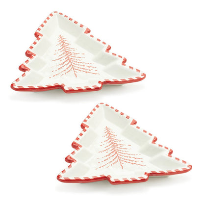 Set of Two Red And White Ceramic Tree Shaped Christmas Serving Trays HomeRoots