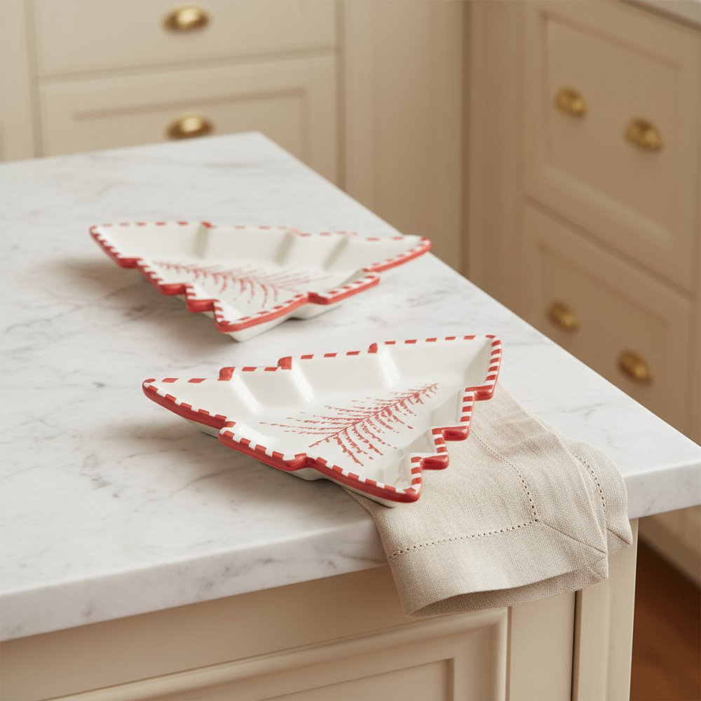 Set of Two Red And White Ceramic Tree Shaped Christmas Serving Trays HomeRoots