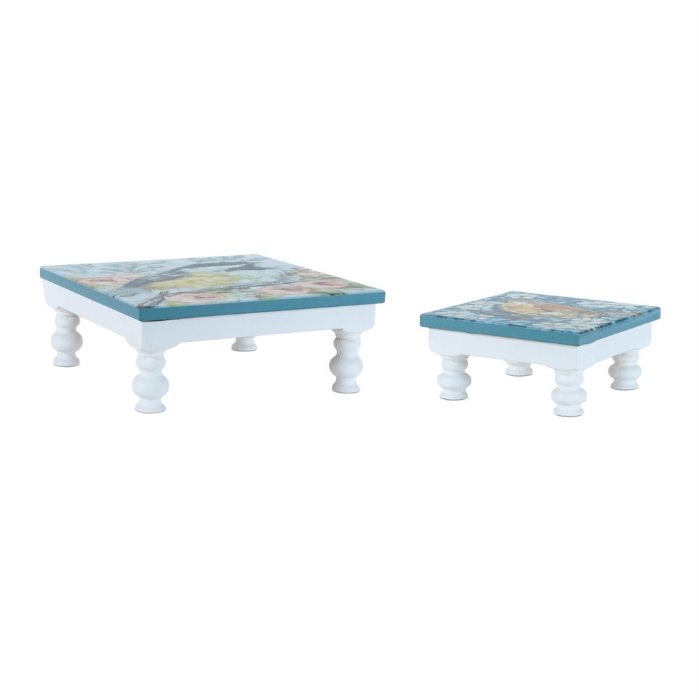 Set of Two Blue And White Solid and Manufactured Wood Floral Square Riser Tray HomeRoots