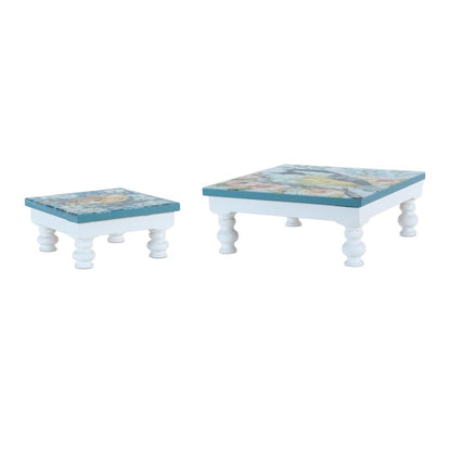 Set of Two Blue And White Solid and Manufactured Wood Floral Square Riser Tray HomeRoots