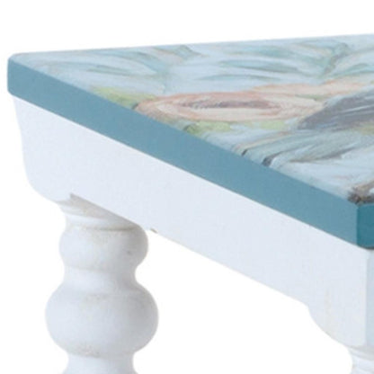 Set of Two Blue And White Solid and Manufactured Wood Floral Square Riser Tray HomeRoots