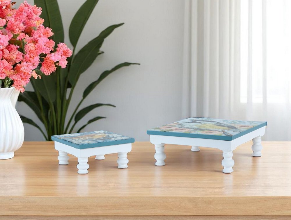 Set of Two Blue And White Solid and Manufactured Wood Floral Square Riser Tray HomeRoots