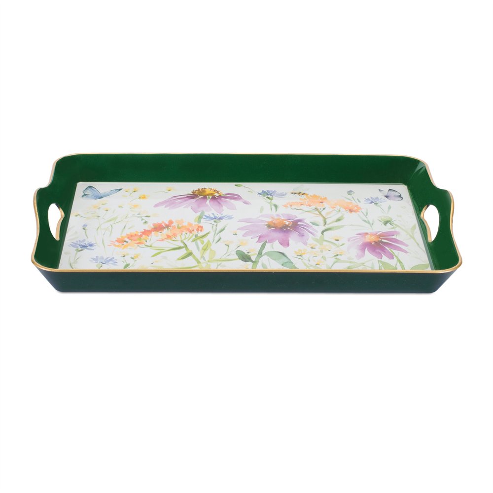 17" Green And White Watercolor Floral Serving Tray With Handles HomeRoots