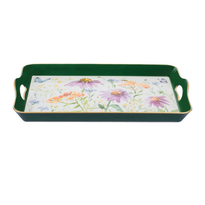 17" Green And White Watercolor Floral Serving Tray With Handles HomeRoots