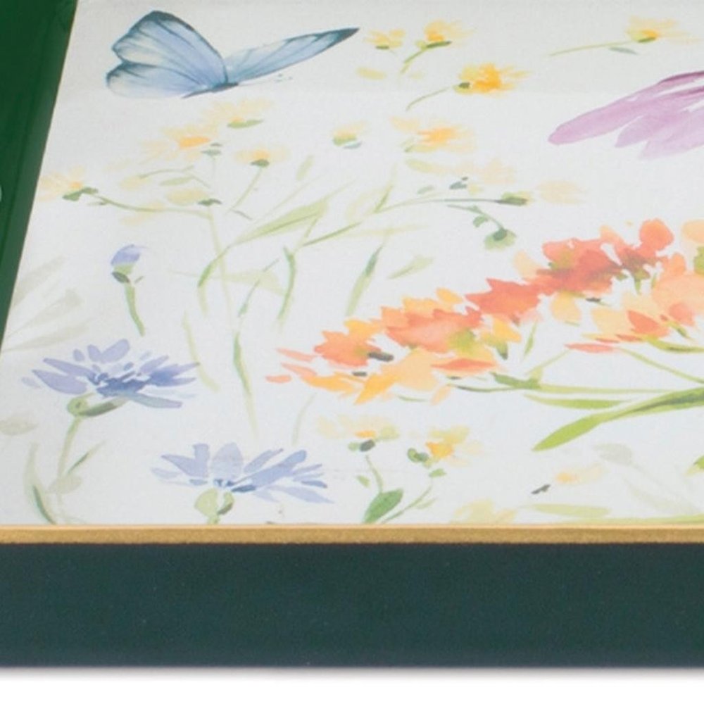 17" Green And White Watercolor Floral Serving Tray With Handles HomeRoots